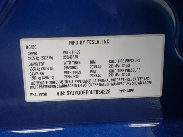 2020 TESLA MODEL Y 5YJYGDEE0LF034228
