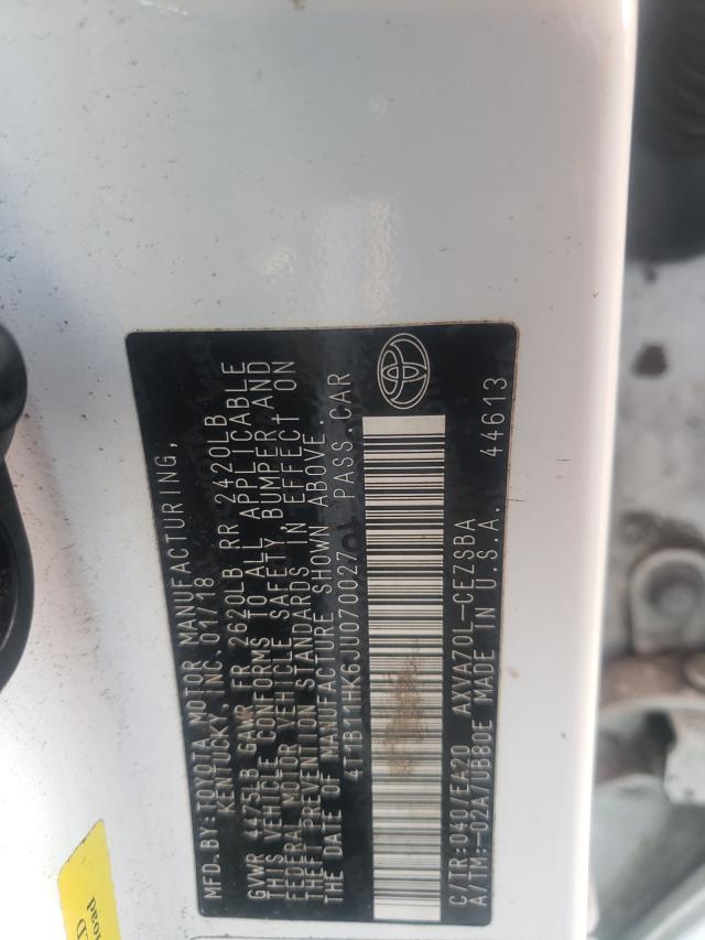 4T1B11HK6JU070027 Toyota Camry L 2018. Фото: 9