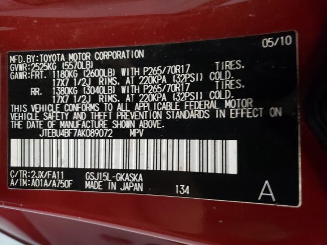2010 TOYOTA FJ CRUISER JTEBU4BF7AK089072