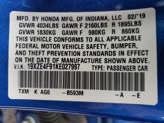 2019 HONDA INSIGHT TO 19XZE4F91KE027997