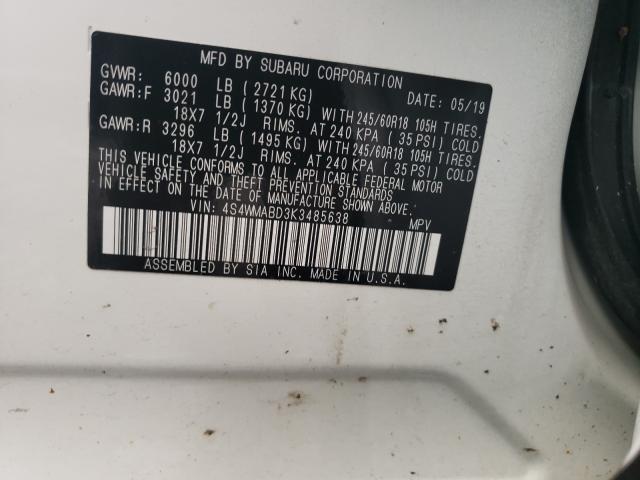 2019 SUBARU ASCENT PRE 4S4WMABD3K3485638