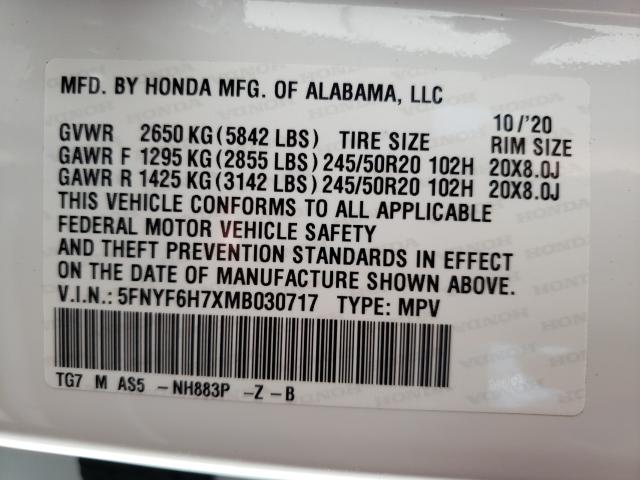 2021 HONDA PILOT BLAC 5FNYF6H7XMB030717