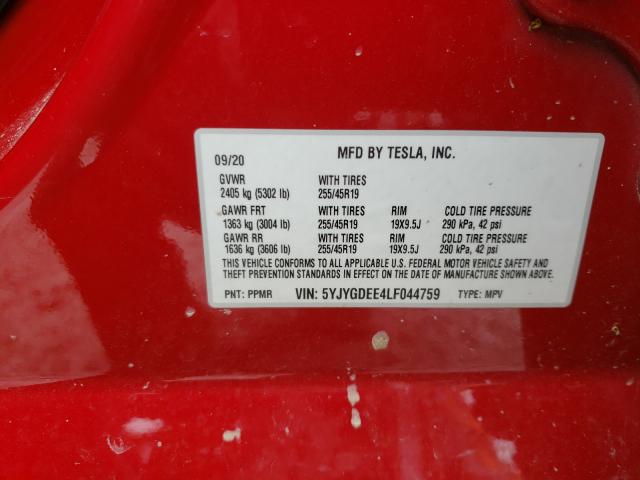 2020 TESLA MODEL Y 5YJYGDEE4LF044759