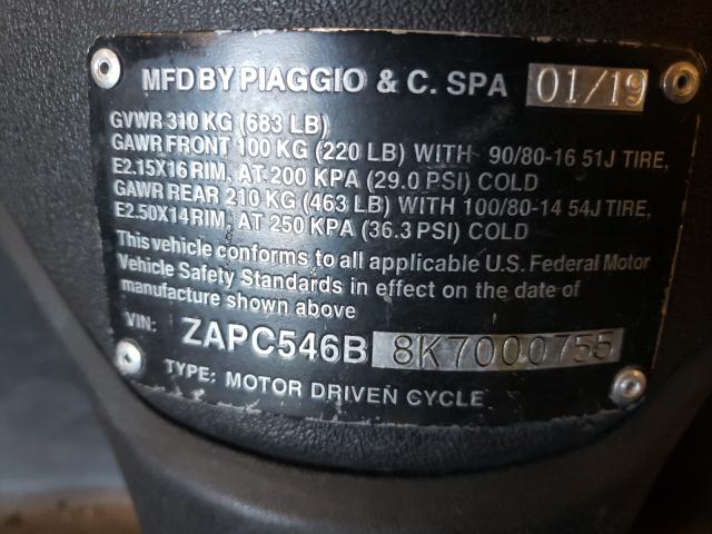 2018 PIAGGIO SCOOTER ZAPC546B8K7000755