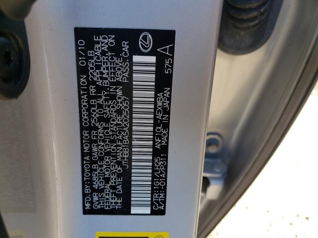 2010 LEXUS HS 250H JTHBB1BA5A2025057