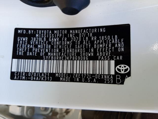 2019 TOYOTA COROLLA XL 5YFBURHE3KP869086