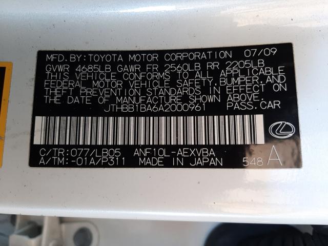 2010 LEXUS HS 250H JTHBB1BA6A2000961