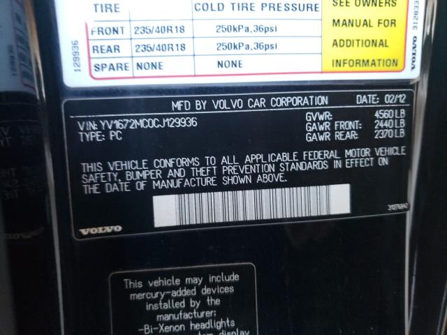 2012 VOLVO C70 T5 YV1672MC0CJ129936