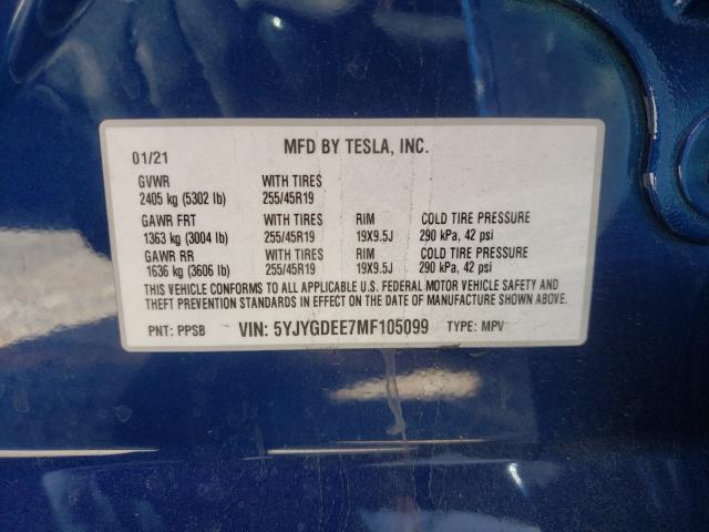 2021 TESLA MODEL Y 5YJYGDEE7MF105099