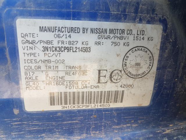 2015 NISSAN MICRA 3N1CK3CP9FL214503