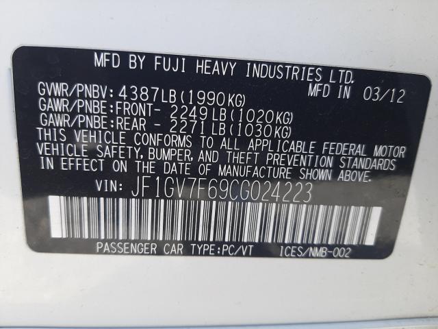2012 SUBARU IMPREZA WR JF1GV7F69CG024223