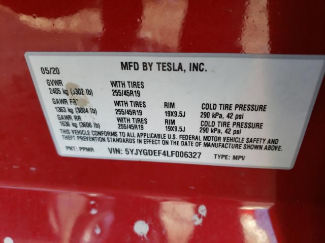 2020 TESLA MODEL Y 5YJYGDEF4LF006327