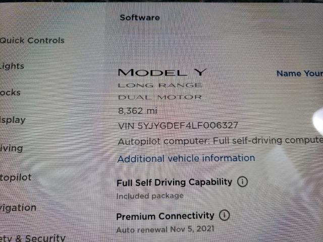 2020 TESLA MODEL Y 5YJYGDEF4LF006327