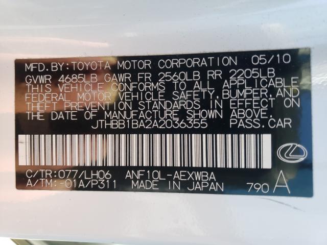 2010 LEXUS HS 250H JTHBB1BA2A2036355