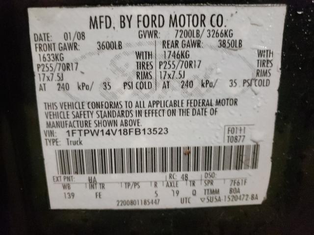 1FTPW14V18FB13523 Ford F150 Super 2008. Фото: 9
