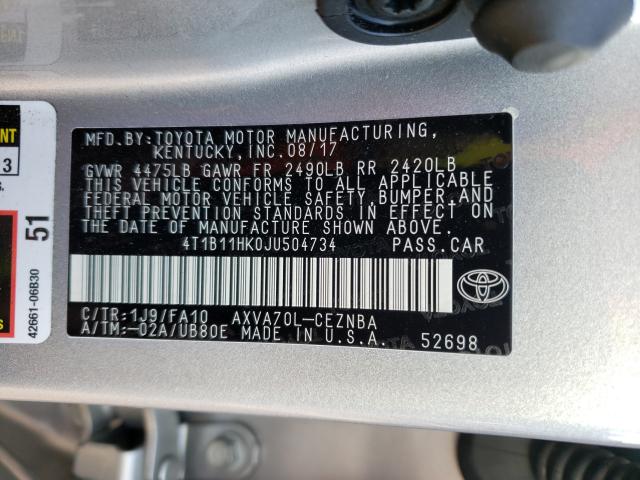 2018 TOYOTA CAMRY L/LE 4T1B11HK0JU504734