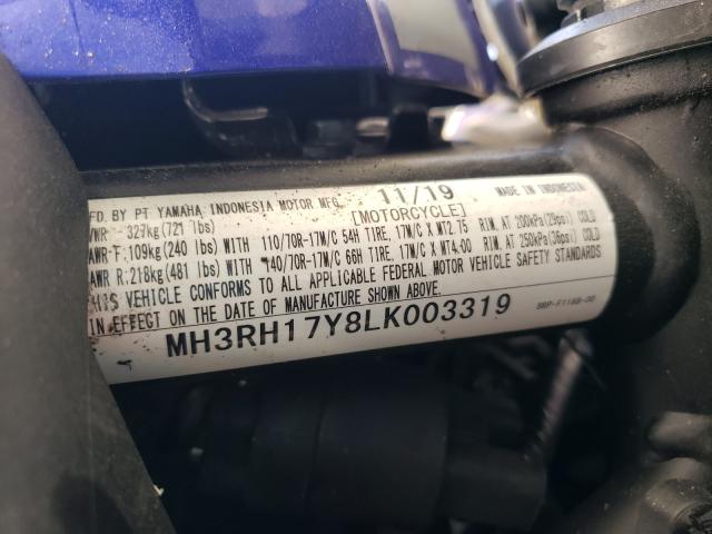 2020 YAMAHA YZFR3 MH3RH17Y8LK003319