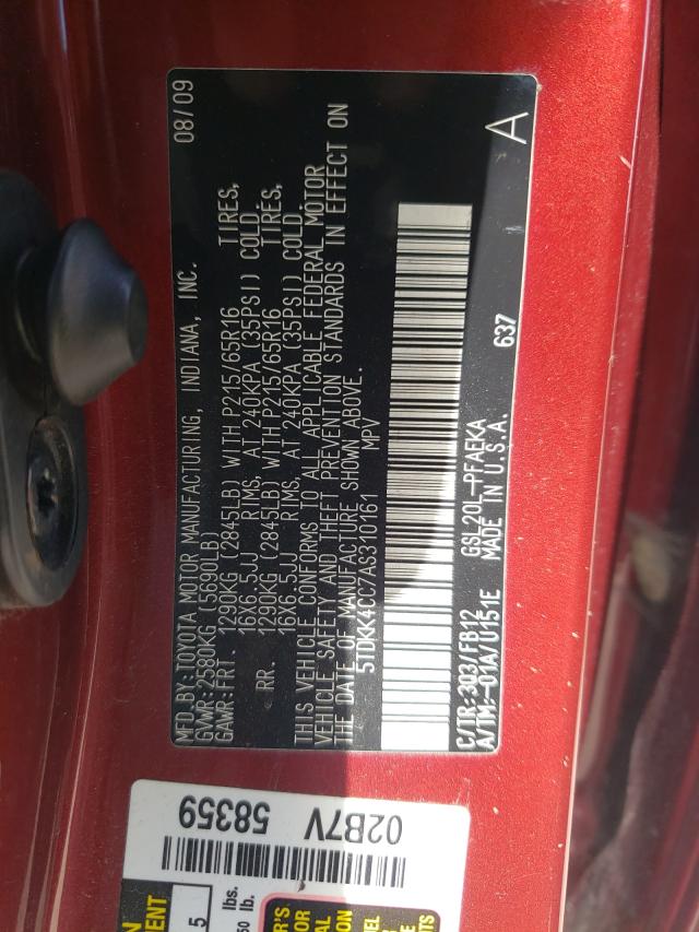 2010 TOYOTA SIENNA CE 5TDKK4CC7AS310161