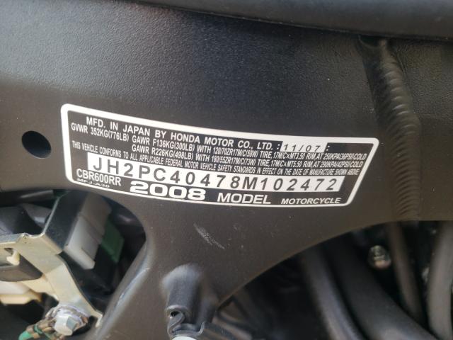 2008 HONDA CBR600 RR JH2PC40478M102472