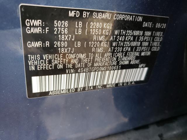 2021 SUBARU OUTBACK TO 4S4BTGPD0M3100651