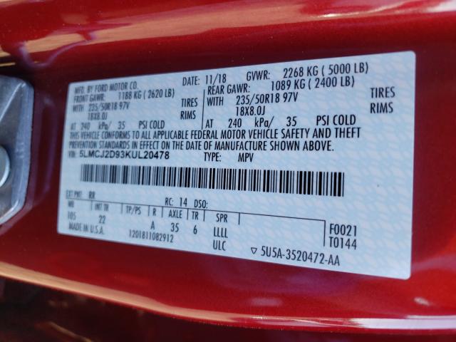 2019 LINCOLN MKC SELECT 5LMCJ2D93KUL20478