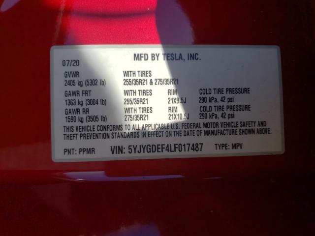 2020 TESLA MODEL Y 5YJYGDEF4LF017487