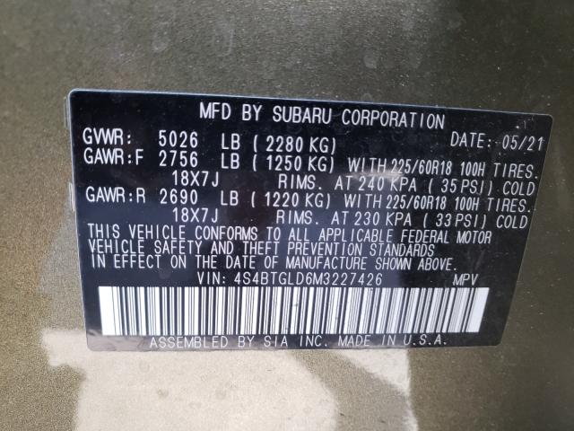 2021 SUBARU OUTBACK ON 4S4BTGLD6M3227426