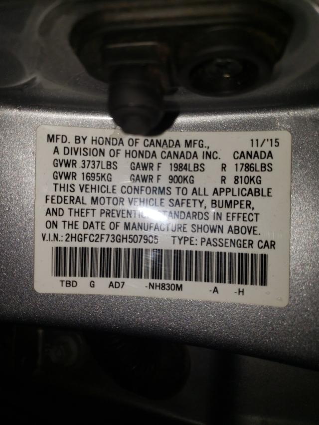 2HGFC2F73GH507905 Honda Civic Ex 2016. Фото: 9