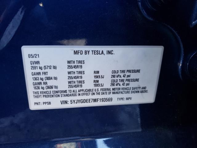 2021 TESLA MODEL Y 5YJYGDEE7MF193569