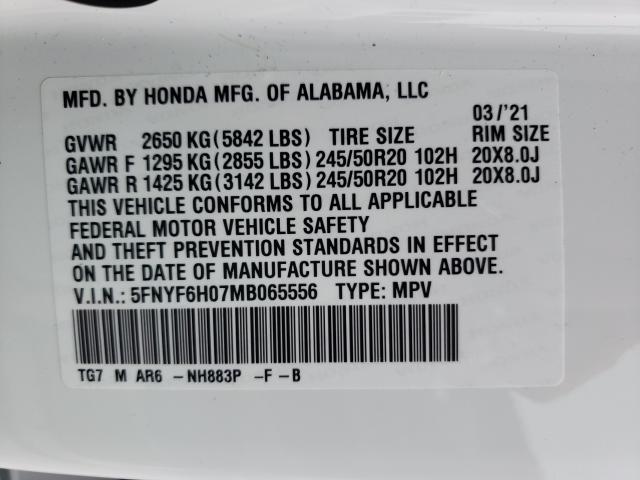 2021 HONDA PILOT ELIT 5FNYF6H07MB065556