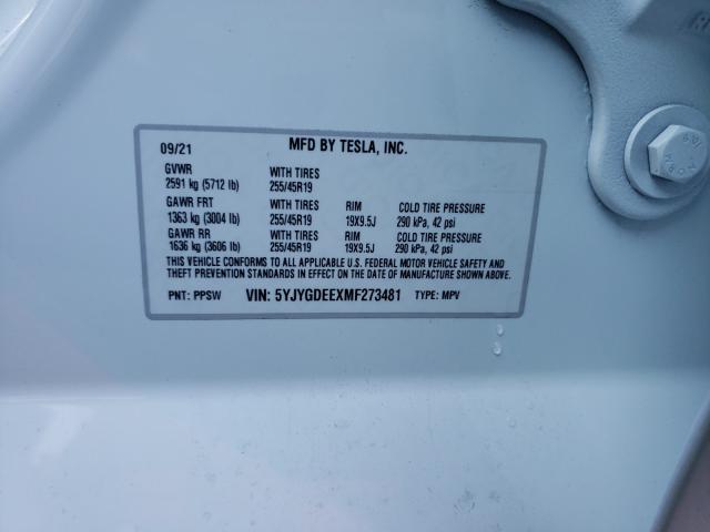 2021 TESLA MODEL Y 5YJYGDEEXMF273481