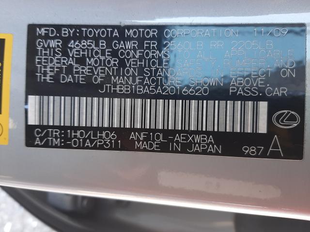 2010 LEXUS HS 250H JTHBB1BA5A2016620