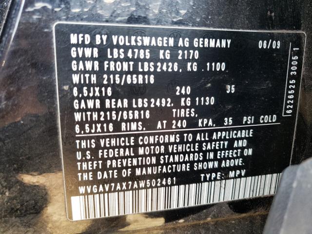 WVGAV7AX7AW502461 Volkswagen Tiguan S 2010. Фото: 9