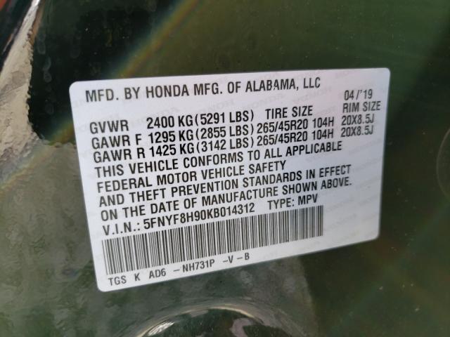 2019 HONDA PASSPORT T 5FNYF8H90KB014312