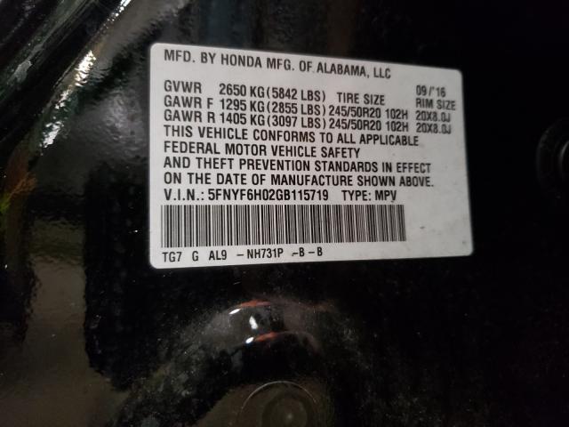 2016 HONDA PILOT ELIT 5FNYF6H02GB115719