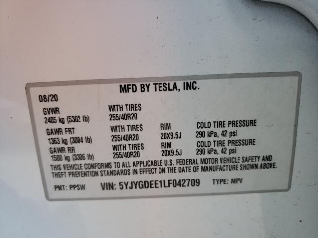 2020 TESLA MODEL Y 5YJYGDEE1LF042709