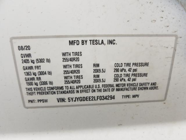 2020 TESLA MODEL Y 5YJYGDEE2LF034294