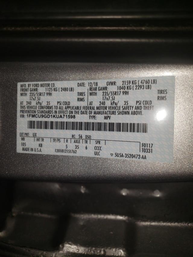 1FMCU9GD1KUA71598 Ford Escape Se 2019. Фото: 9