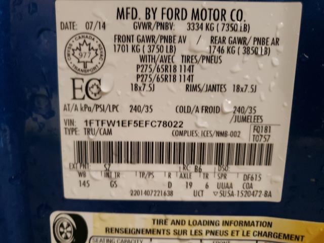 1FTFW1EF5EFC78022 Ford F150 Super 2014. Фото: 9