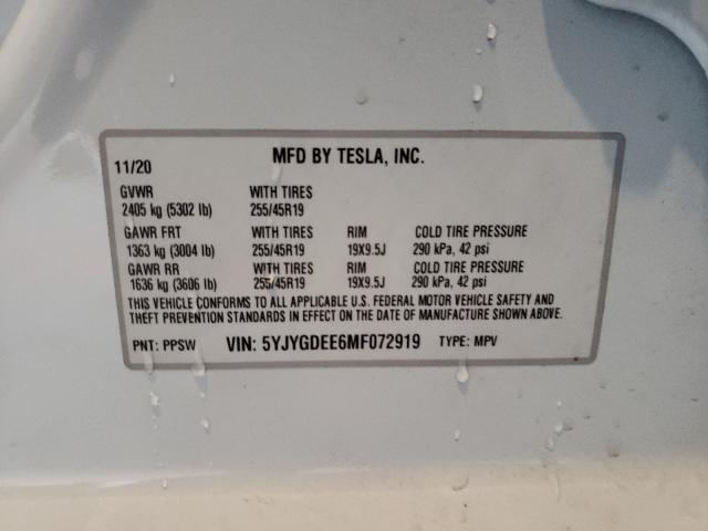 2021 TESLA MODEL Y 5YJYGDEE6MF072919