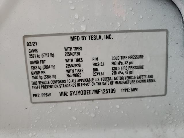 2021 TESLA MODEL Y 5YJYGDEE7MF125109