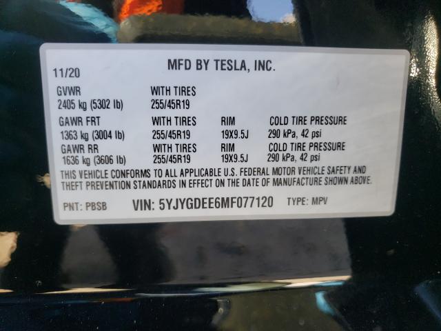2021 TESLA MODEL Y 5YJYGDEE6MF077120