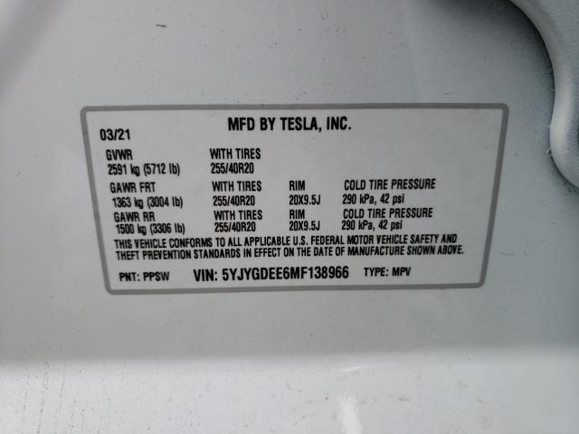 2021 TESLA MODEL Y 5YJYGDEE6MF138966