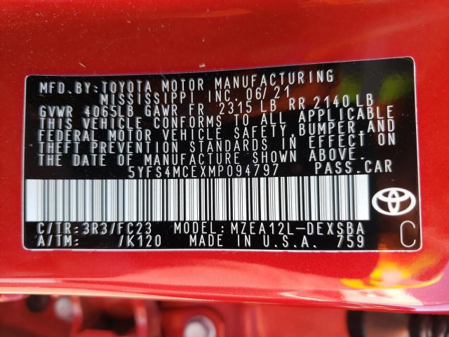 2021 TOYOTA COROALLA 5YFS4MCEXMP094797