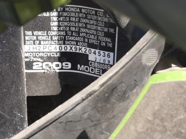 2009 HONDA CBR600 RR JH2PC400X9K204536