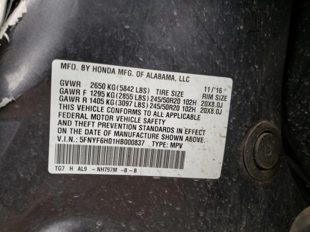 2017 HONDA PILOT ELIT 5FNYF6H01HB000837