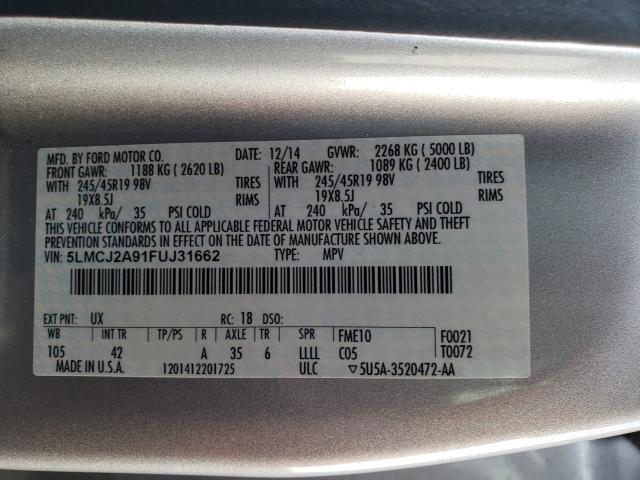 2015 LINCOLN MKC 5LMCJ2A91FUJ31662