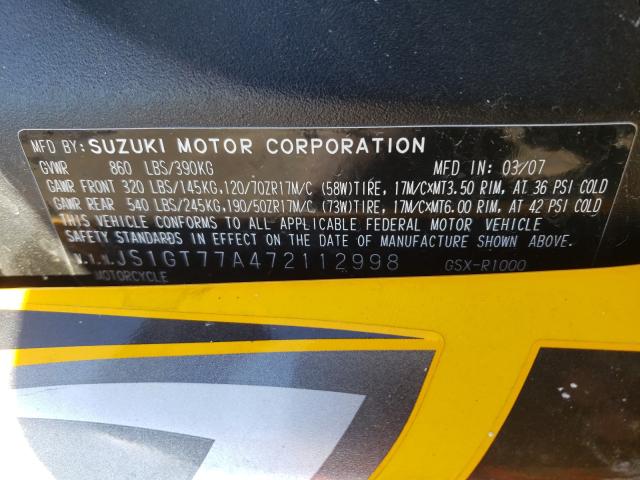 2007 SUZUKI GSX-R1000 JS1GT77A472112998