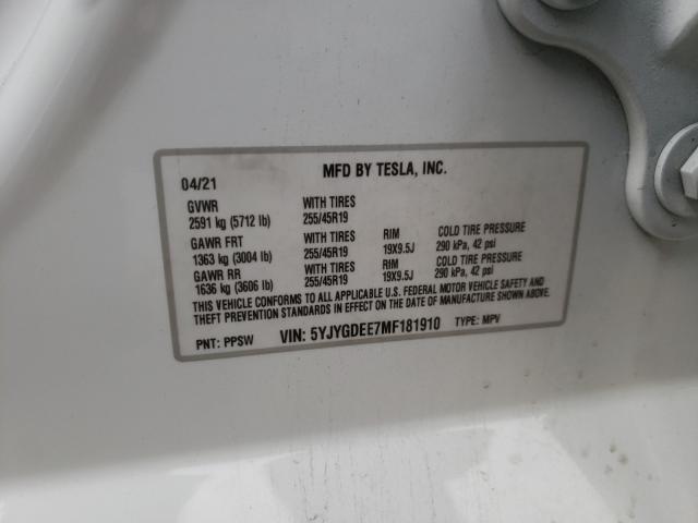 2021 TESLA MODEL Y 5YJYGDEE7MF181910
