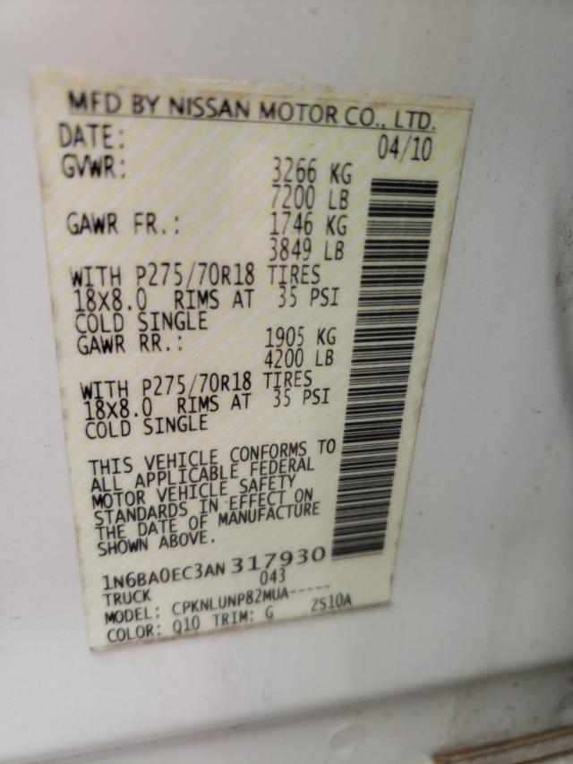 2010 NISSAN TITAN XE 1N6BA0EC3AN317930